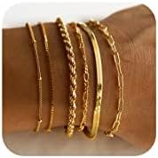 DEARMAY Gold Bracelets for Women Waterproof, 14K Real Gold Jewelry Sets for Women Trendy Thin Dainty Stackable Cuban Link Paperclip Chain Bracelet Pack Fashion Accessories Gifts for Women Girls