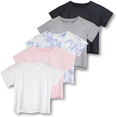 Real Essentials 5 Pack: Women's Dry Fit Crop Top - Short Sleeve Crew Neck Stretch Athletic Tee (Available in Plus Size)