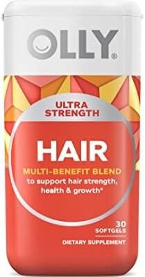 OLLY Ultra Strength Hair Softgels, Supports Hair Health, Biotin, Keratin, Vitamin D, B12, Hair Supplement, 30 Day Supply - 30 Count (Packaging May Vary)