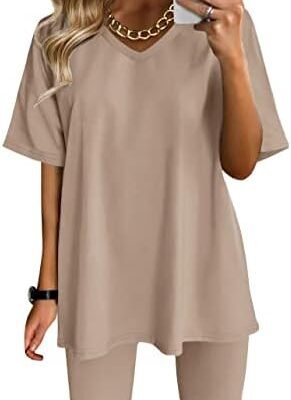 Two Piece Outfits For Women Summer V Neck T-Shirt Tops Biker Shorts Workout Sports Tracksuit