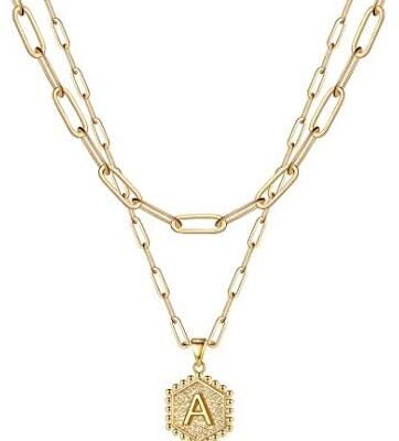 M MOOHAM Dainty Gold Necklace for Women - 14K Solid Gold Over Layering Necklaces for Women Cute Hexagon Letter Initial Necklaces for Women Gold Layered Necklaces for Women Jewelry Gifts