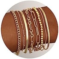 Gold Bracelets for Women, 14K Gold Plated Dainty Bracelets Set, Layered Chain Bracelets Pack Jewelry
