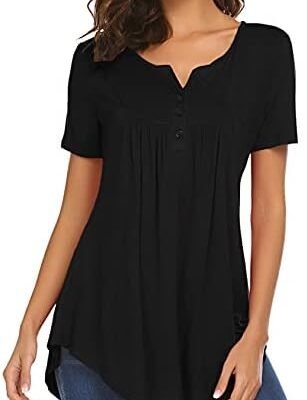Halife Women's Casual Long Sleeve Henley V-Neck Shirt Loose Fit Pleated Tunic Blouse Tops