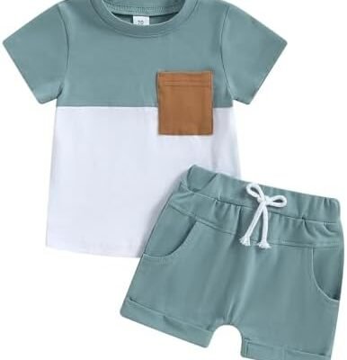 fhutpw Baby Toddler Boy Clothes Summer Outfits 6 12 18 24 Months Patchwork Short Sleeve T Shirt & Shorts Sets with Pockets
