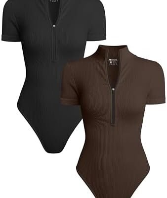 OQQ Women's 2 Piece Bodysuits Sexy Ribbed One Piece Short Sleeve Zip Front Bodysuits
