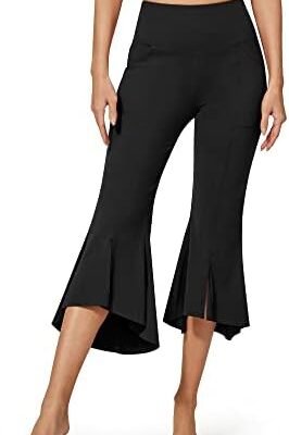 G4Free Stretch Capri Dress Yoga Pants for Women with Pockets Ruffle Bell Bottom Leggings
