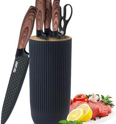 Kitchen Knife Set, Retrosohoo 6-Pieces Black Sharp Knife Set for Kitchen, Non-stick Non-slip Stainless Steel Chef Knife Set with Universal Knife Block Suitable for Home Restaurant(Wood Grain)