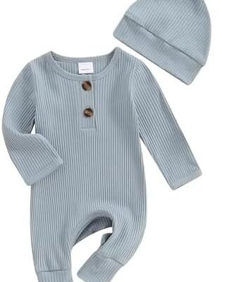 Infant Boys Girls Clothes Set Newborn Baby Romper Hat Ribbed Knit Long Sleeve Button Solid Bodysuit Jumpsuit