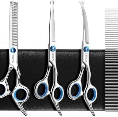 SCEDREAM Dog Grooming Scissors for Dogs with Safety Round Tips, 5 in 1 Dog Scissors for Grooming, Curved Dog Grooming Scissors,Professional Pet Grooming Shears Set for Dogs and Cats