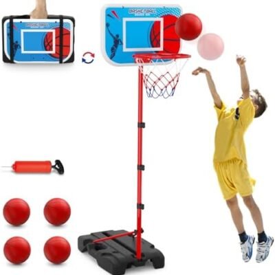 HYES Kids Basketball Hoop Indoor, Toddler Basketball Hoop Outdoor, with Package Design/Adjustable Height/4 Balls, Portable Basketball Goal Court Toys Gifts for Boys Girls 1-3 4-8