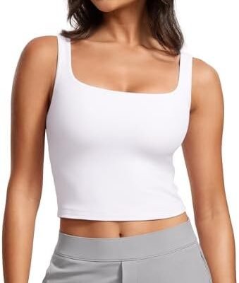 CRZ YOGA Womens Butterluxe Double Lined Square Neck Tank Tops Sleeveless Workout Yoga Tight Shirts Fitted Casual Crop Tanks