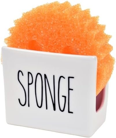 Heartland Home Porcelain Sponge Holder for Kitchen Sink. Compact Sink Caddy Organizer - Scrub Daddy Compatible Dish Sponge Holder. Ceramic Black and White Kitchen Decor and Cute Kitchen Accessories