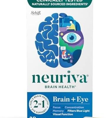NEURIVA Brain + Eye Supplement for Memory, Focus & Concentration with Lutein & Vitamins A C E and Zinc for Eye Health & Zeaxanthin to Filter Blue Light, 30ct Capsules