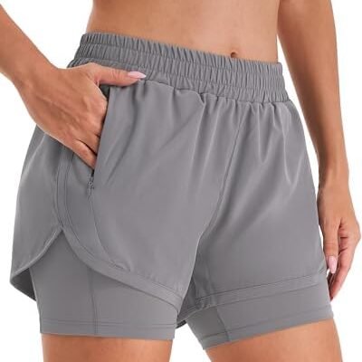 Stelle Women 2 in 1 Running Shorts High Waisted Athletic Shorts Gym Workout Shorts with Liner Zipper Pockets