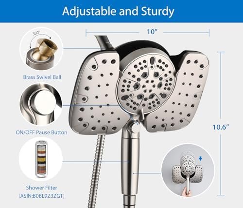Nickel 2.5GPM Shower Head with Handheld High Pressure: 10” Rainfall Shower Head & HandHeld Shower Head, 10 Spray Settings Detachable Shower Head with ON/OFF Switch and 15-Stage Filter - Image 5