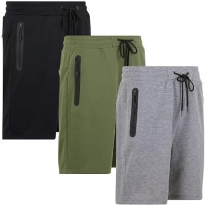PURE CHAMP Mens 3 Pk French Terry Cotton Casual Gym Shorts for Men Athletic Workout Training Sweat Shorts with Zipper Pocket