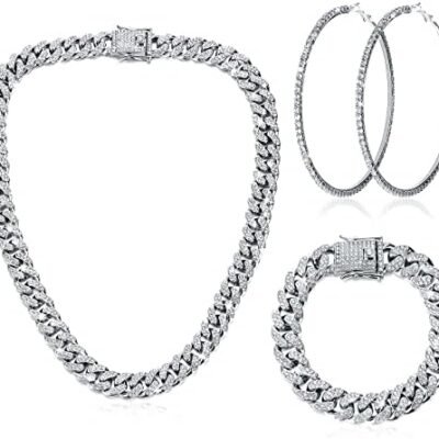 Batiyeer Cuban Link Chain Necklace Bracelet Rhinestone Earrings Bling Necklace Bracelet Crystal Big Circle Earring for Women
