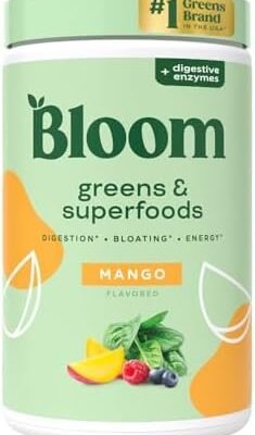 Bloom Nutrition Superfood Greens Powder, Digestive Enzymes with Probiotics and Prebiotics, Gut Health, Bloating Relief for Women, Chlorella, Green Juice Mix with Beet Root Powder, 25 SVG, Mango