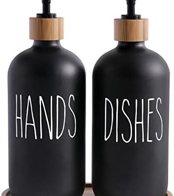 MOMEEMO Matte Black Glass Soap Dispenser Set - Hand and Dish Soap Dispensers Suitable for Rustic Kitchen Decor (Black)