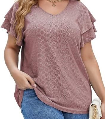 IN'VOLAND Womens Plus Size T Shirt V Neck Loose Fit Ruffle Sleeve Summer Hollow Casual Tops Blouse