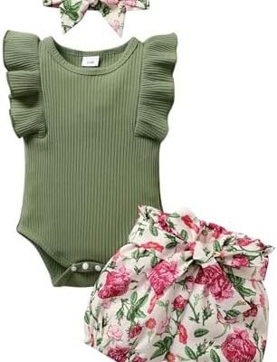 Tiny Cutey Baby Girl Clothes Infant Summer Outfits Set Ruffle Sleeve Romper and Floral Shorts with Headband
