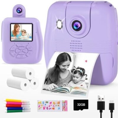 GKTZ Kids Camera Instant Print - 1080P HD Instant Print Photo - Christmas Birthday Gifts for Age 4 5 6 7 8 9 10 Girls Boys - Portable Toy with 5 Color Pens, 3 Rolls Photo Paper, 32GB Card