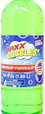 Sunny Days Entertainment Bubble Solution Refill with Wand 64oz Non Toxic, Made in USA Bubbles, Kids Easy Grip Bottle for Bubble Machine, Assorted Bottle Colors