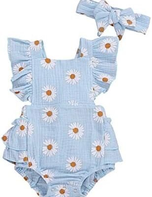 Newborn Baby Girls Daisy Romper Ruffled Sleeve Onesie Dress Playsuits Floral Jumpsuit Infant Summer Clothes Headband