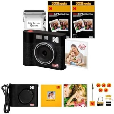 KODAK Mini Shot 3 ERA 4PASS 2-in-1 Instant Camera and Photo Printer (Black, Camera + Initial 8 Sheets + 60 Sheets + Accessories)
