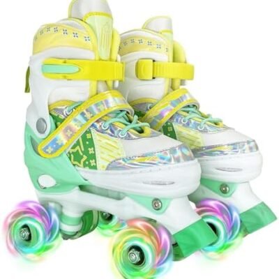 Roller Skates for Boys Girls, 4 Sizes Adjustable Quad Skates for Kids with All Light up Wheels, Full Protection for Toddler's Indoor and Outdoor Sports