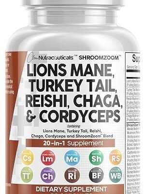 Clean Nutraceuticals Lions Mane 3000mg 20in1 Mushroom Supplement with Turkey Tail 2000mg Reishi 1000mg Cordyceps Chaga 1000mg Maitake Meshima Poria Cocos Shiitake Oyster Porcini Enoki 60 Count