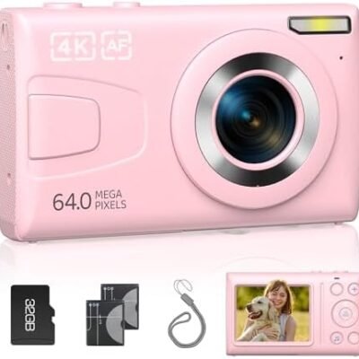 Digital Camera 64MP 4K Auto Focus Point and Shoot Video Camera with 32GB Card for Vlog, 18X Zoom, Compact Small Vintage Camera Gifts for Teens Students Boys Girls Kids Pink
