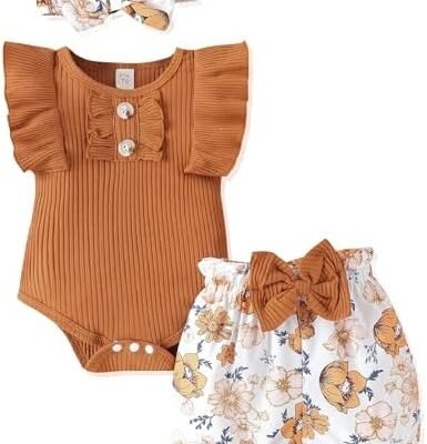 Newborn Baby Girl Clothes Outfits Ruffle Romper and Short Pant Sets with Headband Infant Bodysuits