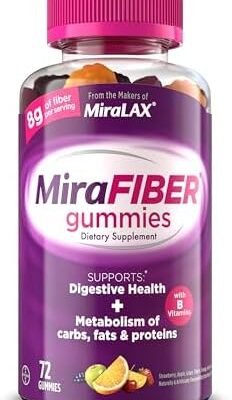 MiraLAX: MiraFIBER Gummies, 8g of Daily Prebiotic Fiber with B Vitamins to Support Digestive Health and Metabolism, Fruit Flavored Fiber Gummies, 72 Count