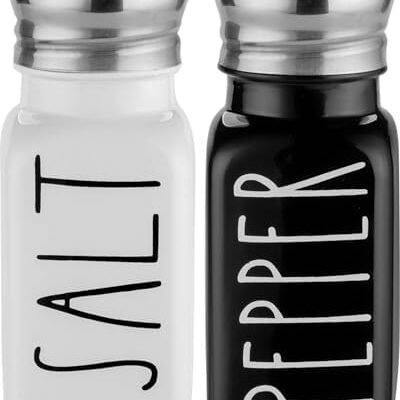 Salt and Pepper Shakers Set by Brighter Barns - Cute Modern Farmhouse Kitchen Decor for Home Restaurants Wedding - Gorgeous Vintage Glass Black White Shaker Sets with Stainless Steel Lids