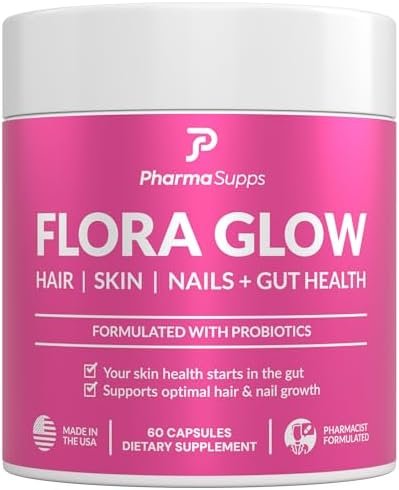 FLORA GLOW Hair, Skin, Nails Plus Gut Health Multivitamin for Women | Made with Probiotics, Biotin 10,000 mcg, Folate, Collagen, & Keratin for Faster Hair Growth Than Gummies | 60 Capsules.