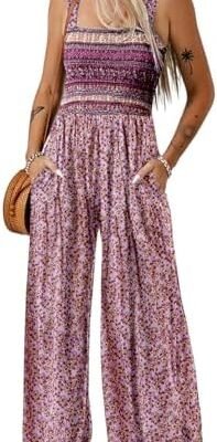 Dokotoo Women's Casual Loose Overalls Jumpsuits One Piece Sleeveless Printed Wide Leg Long Pant Rompers With Pockets