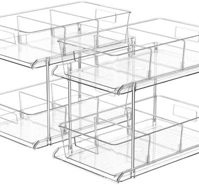 Fabspace Pull-out Home Organizer, 2 Pack 2 Tier Clear Bathroom Organizer with Dividers, Multipurpose Vanity Counter Tray, Kitchen, Closet Organizers, Cabinet & Storage Container Bins
