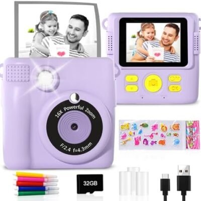 GKTZ Instant Print Camera for Kids - 1080P HD Instant Print Photo - Christmas Birthday Gifts for Age 4 5 6 7 8 9 10 Girls Boys - Portable Toy with 3 Rolls Photo Paper, 5 Color Pens, 32GB Card - Purple