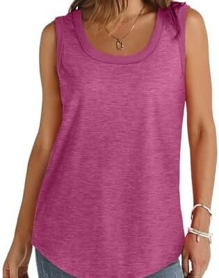 Ruziyoog Womens Tank Tops Summer Loose Fit Casual Flowy Sleeveless Tops Ribbed Trim Scoop Neck Curved Hem Trendy T Shirt 2024