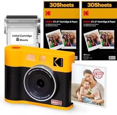 KODAK Mini Shot 3 ERA 4PASS 2-in-1 Instant Camera and Photo Printer (Yellow, Camera + Initial 8 Sheets + 60 Sheets)
