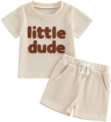 Embroidery Baby Boy Clothes Summer Short Sleeve Little Dude Print T-Shirt Tops Shorts Set Waffle Knit Outfit
