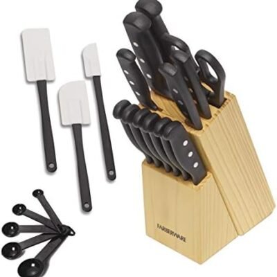 Farberware 22-Piece Never Needs Sharpening Triple Rivet High-Carbon Stainless Steel Knife Block and Kitchen Tool Set, Black