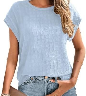 Dokotoo Tops for Women Trendy Summer Casual Cap Short Sleeve Basic Textured Solid Color Round Neck T Shirts Blouse