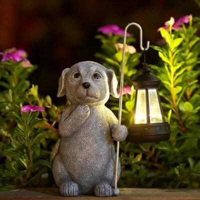 Qeeman Solar Garden Statue Dog Figurine- Garden Art with Solar Lantern, Loving Dog for Patio,Balcony,Yard, Lawn-Unique Housewarming Gift for Garden Mom Grandma