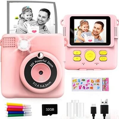 GKTZ Instant Print Camera for Kids - 1080P HD Instant Print Photo - Christmas Birthday Gifts for Age 4 5 6 7 8 9 10 Girls Boys - Portable Toy with 3 Rolls Photo Paper, 5 Color Pens, 32GB Card - Pink