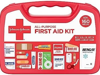 Johnson & Johnson All-Purpose Portable Compact First Aid Kit for Minor Cuts, Scrapes, Sprains & Burns, Ideal for Home, Car, Travel, Camping and Outdoor Emergencies, 160 pieces