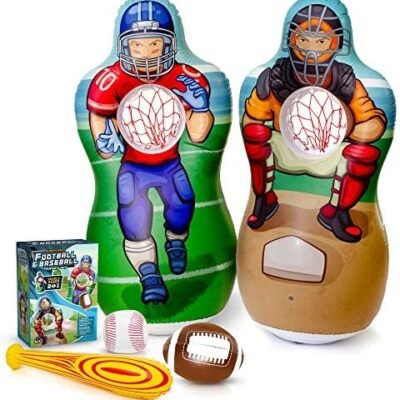Inflatable Double-Sided Baseball & Football Target Set - Blow Up Toy with Soft Football, Baseball & Inflatable Bat - Fun Toss Games for Indoor, Outdoor, Backyard & Party Favor - 5 Feet
