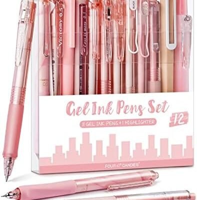 FourCandies 12Pack Pastel Gel Ink Pen Set, Cute Note Taking 0.5mm Fine Point Retractable 11 Pack Black Ink Pens with 1Pack Highlighter for Writing, School, Office (Pink)