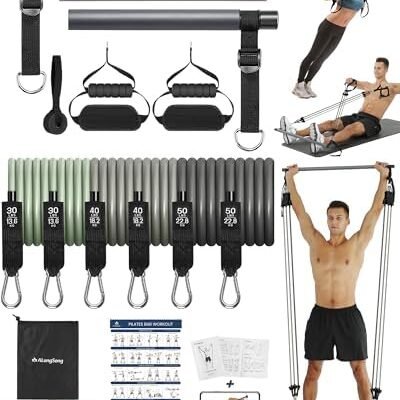 Portable Pilates Bar Kit with Resistance Bands for Women & Men, Upgraded 3 Section Pilates Bar for Home Gym Exercise Fitness Equipment Supports Full-Body Workouts